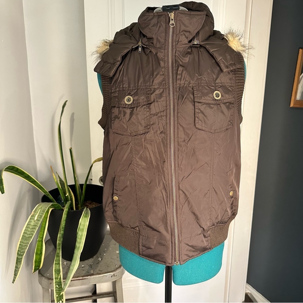 Vintage Old Navy Winter Brown Vest with Faux Fur Trim